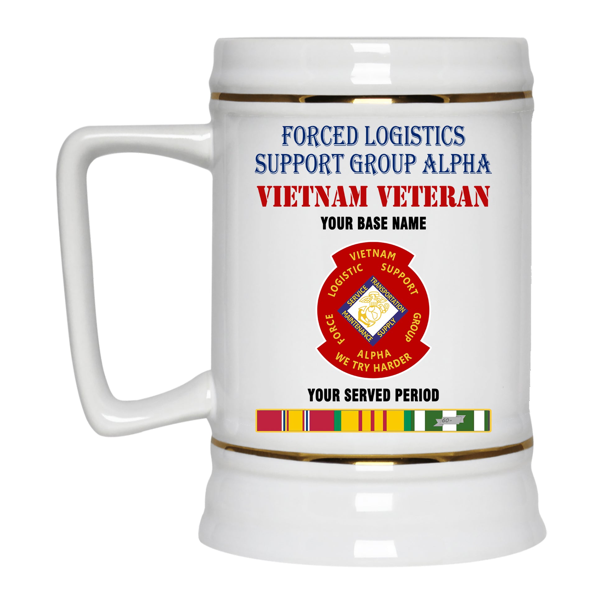FORCED LOGISTICS SUPPORT GROUP ALPHA BEER STEIN 22oz GOLD TRIM BEER STEIN