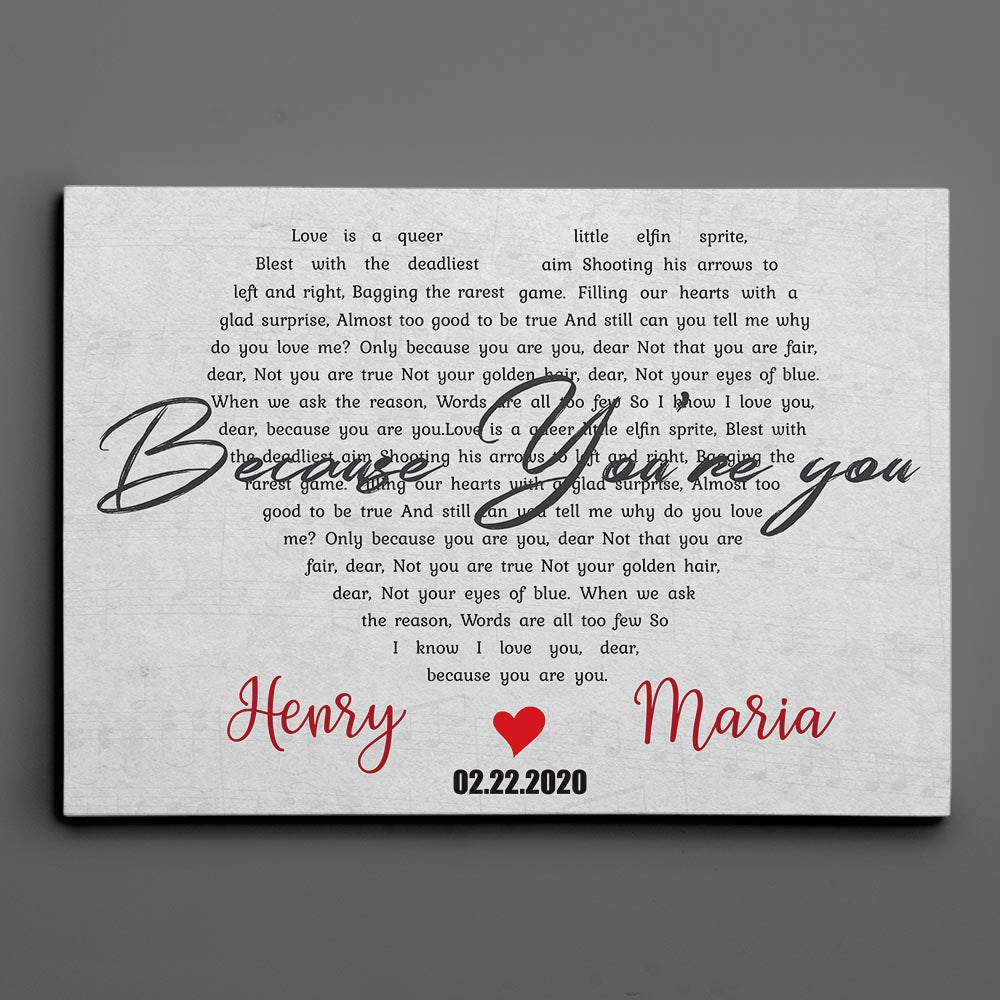 Heart Shaped Wedding Song Lyrics, Names & Date - Premium Personalize Canvas, Poster