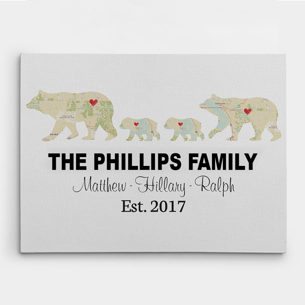 Bear Family Retro Map - Premium Canvas, Poster