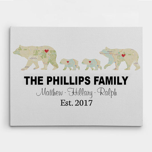 Bear Family Retro Map - Premium Canvas, Poster