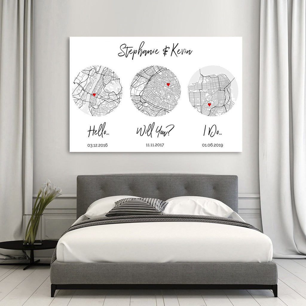 Hello, Will You, I Do, Map Art Print, Anniversary Wedding Gift - Premium Canvas, Poster