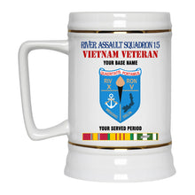 Load image into Gallery viewer, RIVER ASSAULT SQUADRON 15 BEER STEIN 22oz GOLD TRIM BEER STEIN