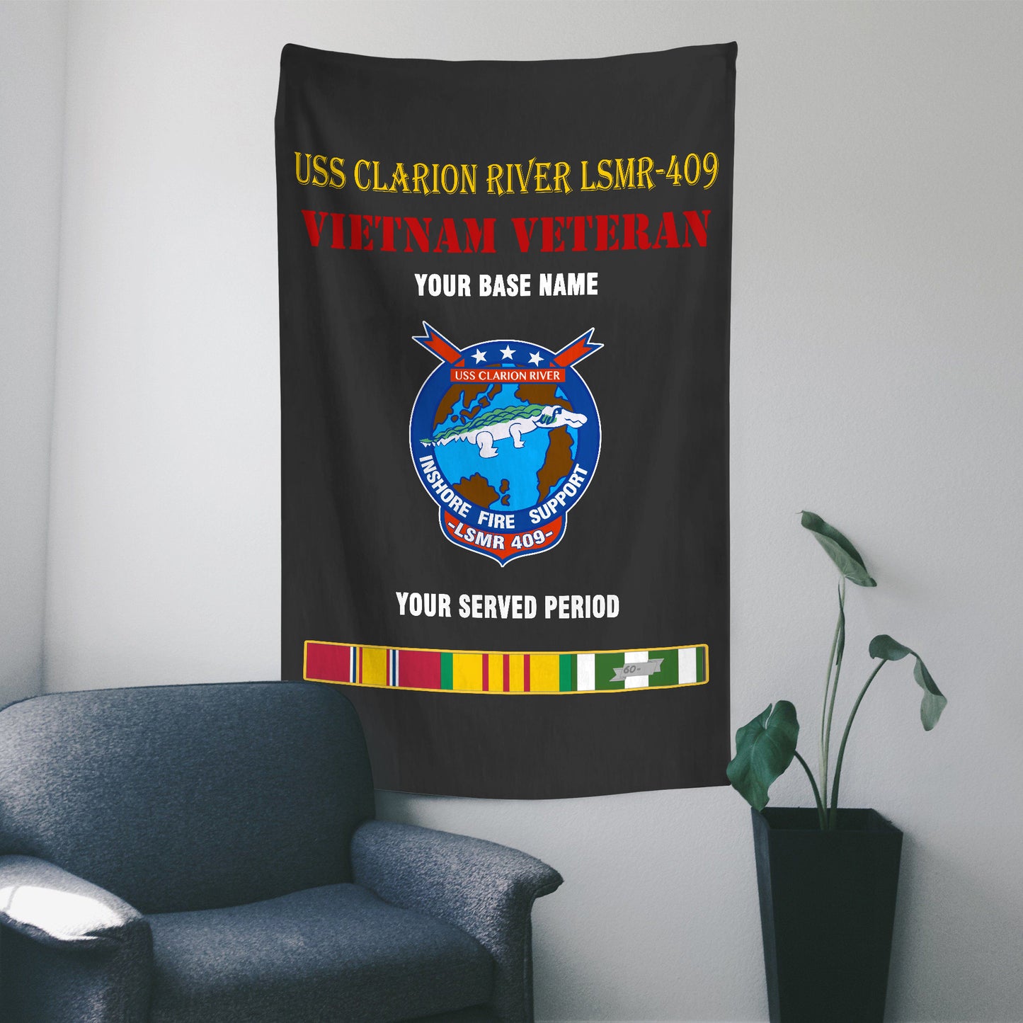 USS CLARION RIVER LSMR 409 WALL FLAG VERTICAL HORIZONTAL 36 x 60 INCHES WALL FLAG